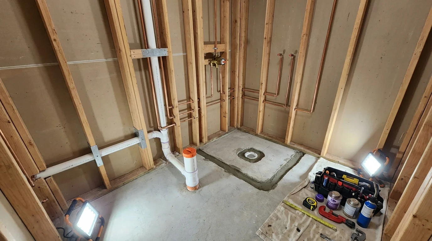 Bathroom rough-in plumbing during remodel by Johns Plumbing LLC in Cherryville