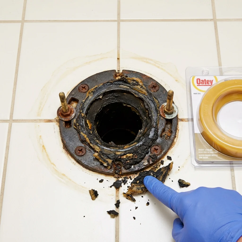 Failed wax ring showing water seepage at the base of a toilet in a Cherryville, NC home